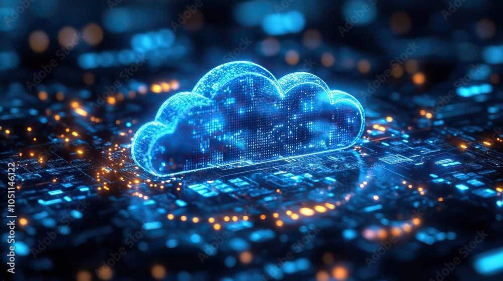 Poster futuristic cloud icon with an upward-pointing arrow highlights the growing trend of digital transfor