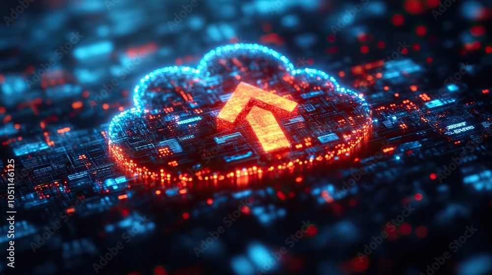 Aufkleber futuristic cloud icon with an upward-pointing arrow highlights the growing trend of digital transformation in business and technology.