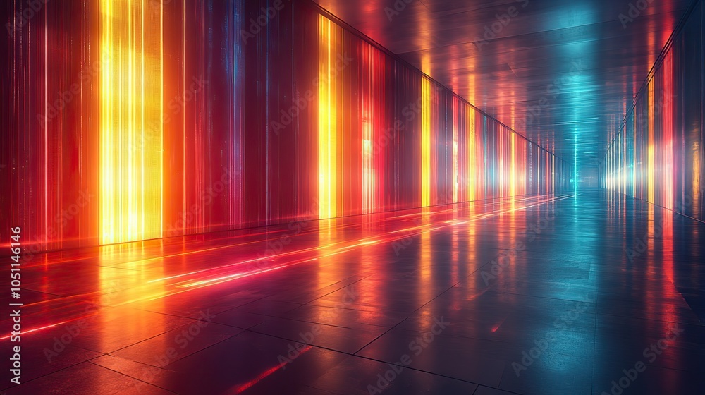 Leinwandbilder futuristic dark room with neon lines and reflections on the floor, creating digital display backgrou