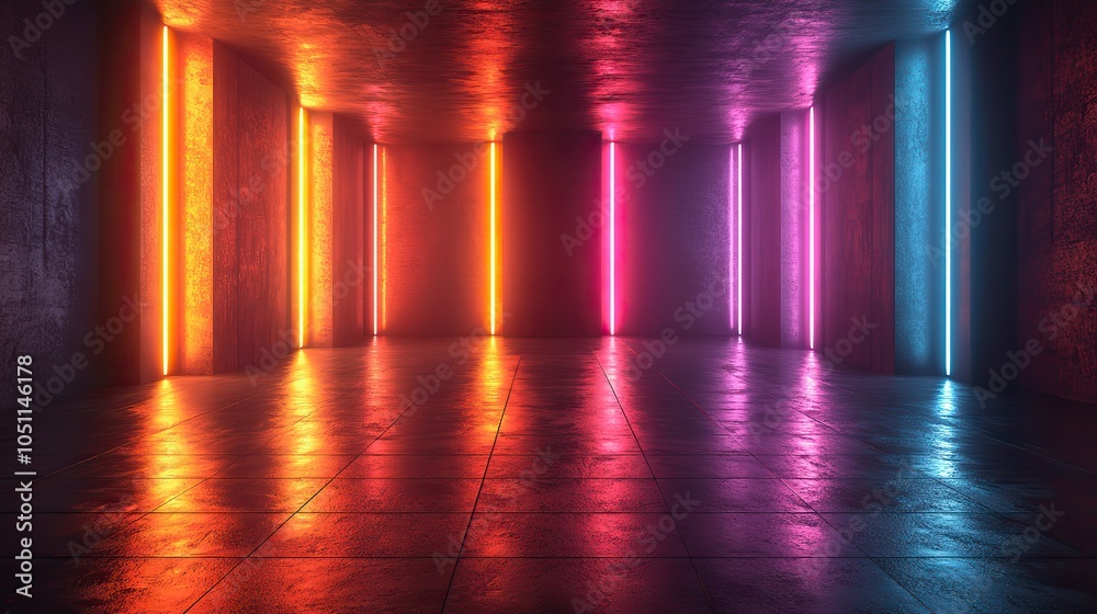 Poster futuristic dark room with neon lines and reflections on the floor, creating digital display background ideal for modern image