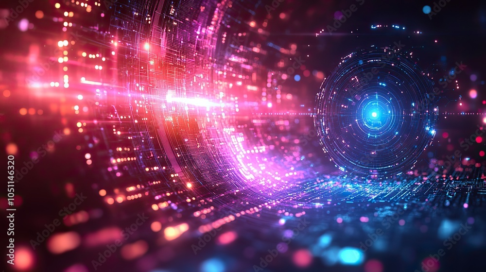 Poster futuristic design background with blue and purple gradients, featuring digital elements and circular frame on the right.