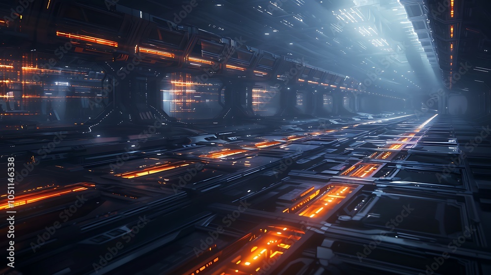 Poster futuristic manufacturing plant with automated systems producing high-tech components