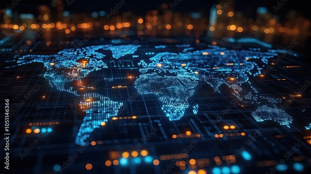 Aufkleber futuristic digital world map displayed on glass screen, symbolizing global connectivity.image