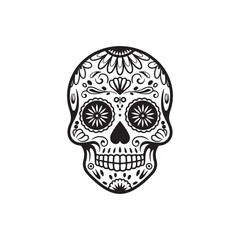 Traditional Black and White Dia de los Muertos Skull Illustration for Mexican Festival Designs
