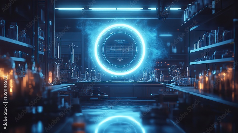 Poster futuristic lab scene illuminated by blue light featurescircles and HUD elements for holographic product presentation.image