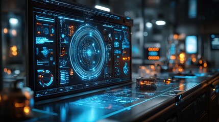 Obraz premium futuristic lab scene illuminated by blue light featurescircles and HUD elements for holographic product presentation.illustration