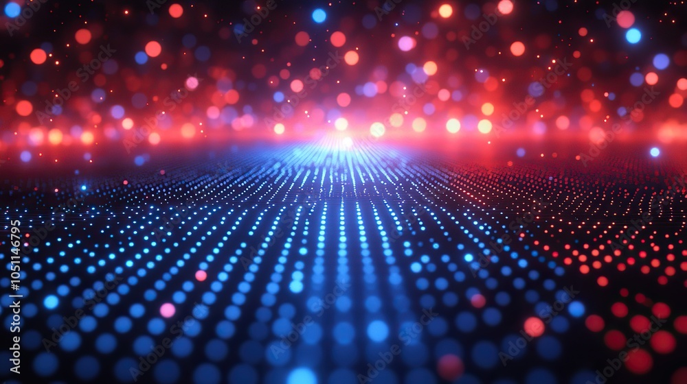 Poster futuristic technology background with blue and red dots, featuring white space in the center for tex
