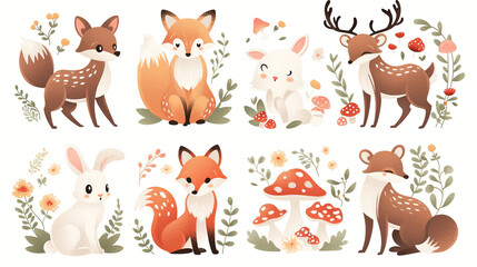 Obraz premium Illustrations of small animals in the forest, including deer, foxes, and rabbits