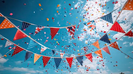 Obraz premium garland with American flags, confetti, and ribbons against blue sky, representing or Labor Day celebrations, perfect for greeting cards, posters, or banners.illustration