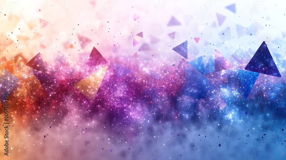 Poster geometric pattern of blue and purple triangles, flying across white background for tech-inspired ima