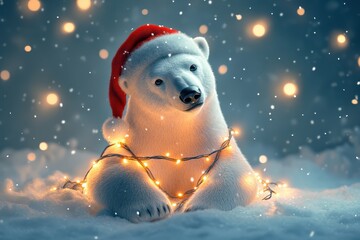Fototapeta premium A polar bear is sitting in the snow with a red hat on and lights around it
