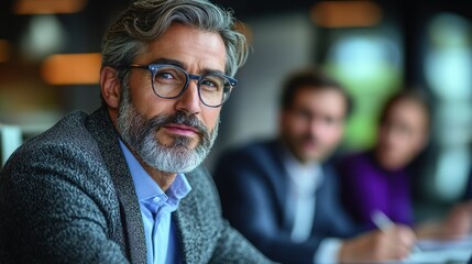Fototapeta premium Portrait of a Mature Man with Gray Hair and Glasses, Looking Intensely at the Camera