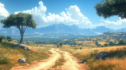 Scenic Dirt Road through African Savanna at Sunset
