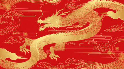 A golden Chinese Loong on a red background. Chinese New Year