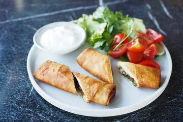 Enjoy delectable crispy rolls served alongside a vibrant fresh salad and a tangy yogurt dip
