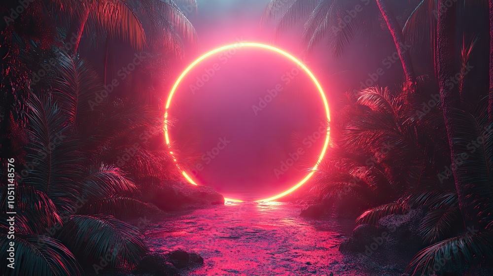 Aufkleber glowing neon frame surrounded by palm branches, symbolizing summer disco or jungle party, ideal for 
