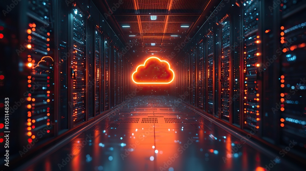 Poster glowing orange cloud icon in rendered server room illustrates global cloud storage and dat transfer 