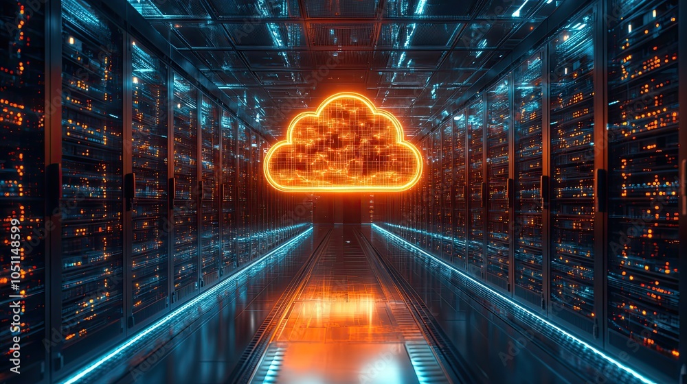Poster glowing orange cloud icon in rendered server room illustrates global cloud storage and dat transfer 