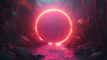 glowing neon frame surrounded by palm branches, symbolizing summer disco or jungle party, ideal for vibrant invitations or banners with space for personalized text.