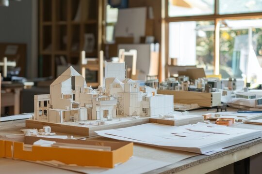  A creative studio with model-making supplies and tools. Team members build physical models to visualize their designs