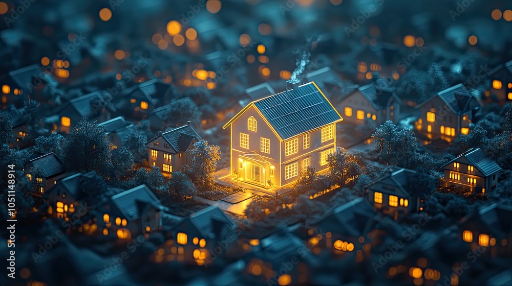 Poster glowing white house stands in the middle of dark houses, representing unique property in ai illustra