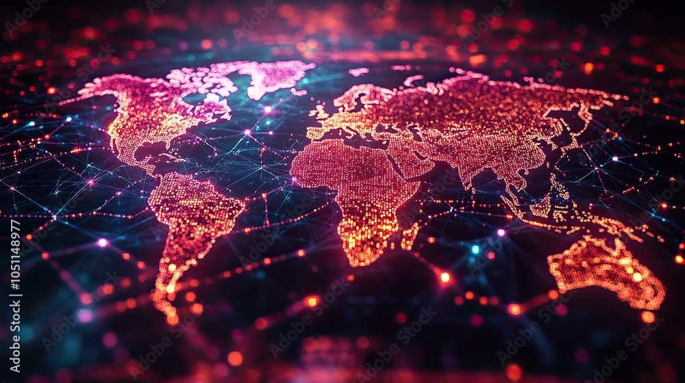 Aufkleber glowing world map with digital connections symbolizes global dat transfer and cyber technology in fu