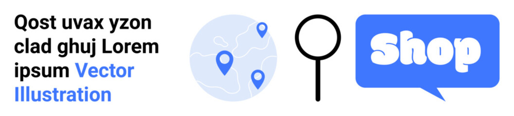 Symbols of location markers on a map, a magnifying glass, and a shop icon in a speech bubble. Ideal for online shopping, e-commerce, navigation, search, and digital marketing. Banner for landing page