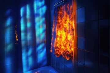 Fototapeta premium A shower curtain with flames on it hangs in a bathroom