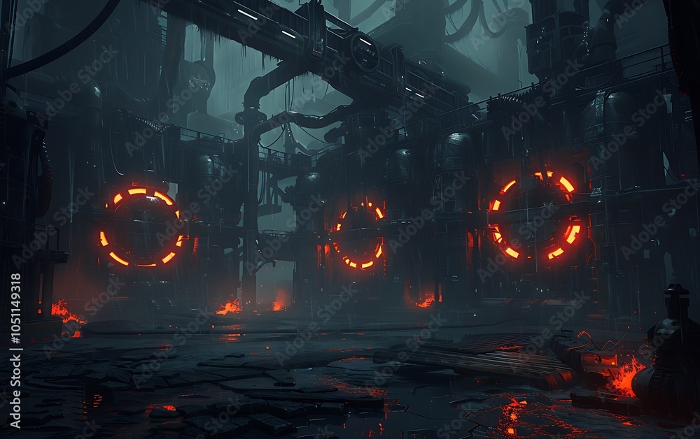 Poster futuristic industrial hub with ai-controlled machines refining raw materials into energy
