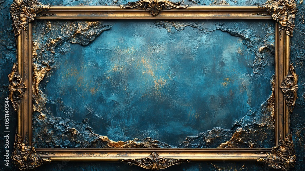Poster golden frame with blue background serves as presentation design template, ideal for powerpoint, wall