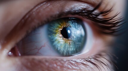 Eye with Tears and Binary Code Reflection