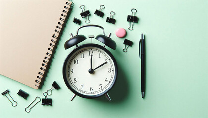 A classic alarm clock surrounded by a notebook, pen, and paper clips on a green surface, symbolizing productivity and time management in an office setting.