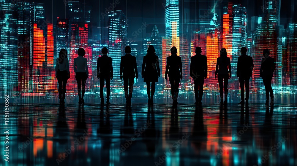 Aufkleber group of business professionals stand before an abstract digital background representing growth in t