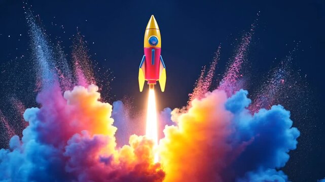 Colorful Rocket Launch with Vibrant Smoke Clouds