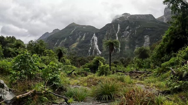 Rainy Day at Sandfly Point: Dramatic Waterfalls Cascading from Lush Cliffs in Fiordland National Park, New Zealand