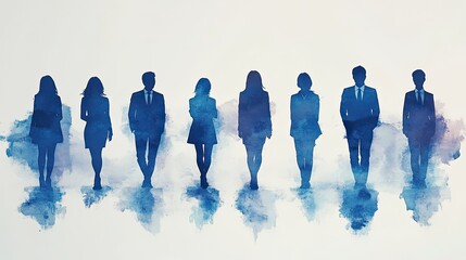 group of businesspeople standing in blue silhouette illustration, set against simple white background.illustration