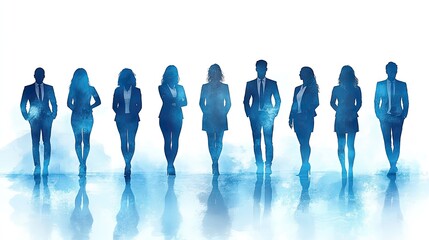 group of businesspeople standing in blue silhouette illustration, set against simple white background.image