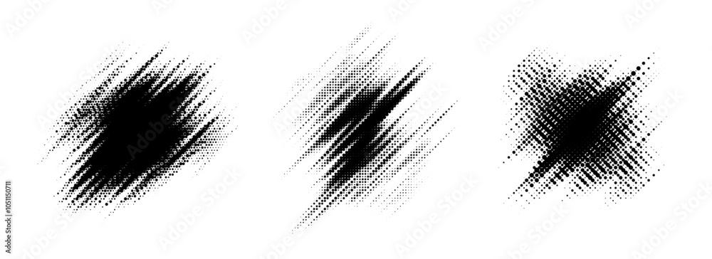 Poster glitch halftone element set. dotted texture diagonal form collection. grunge jagged comic pop art sh