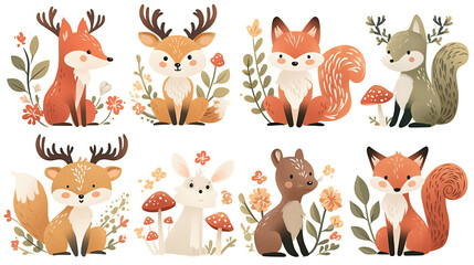 Naklejka premium Illustrations of small animals in the forest, including deer, foxes, and rabbits
