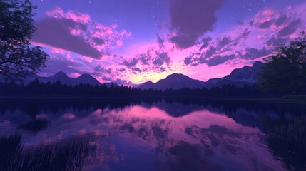 Fototapeta premium A twilight sky over a tranquil lake, reflections of pink and purple clouds at nightfall.
