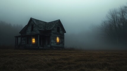 Fototapeta premium Mysterious Abandoned House in Foggy Field