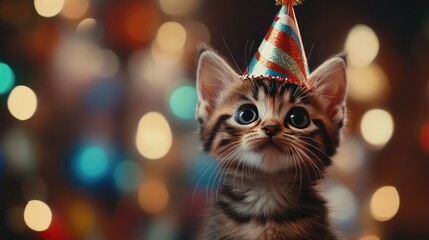 Close-up of a small kitten with a birthday hat, looking cute and festive, party mood