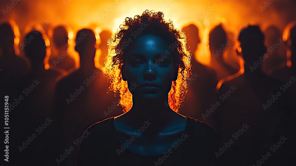 Poster group of people standing in silhouette against dark background, symbolizing community and network bu
