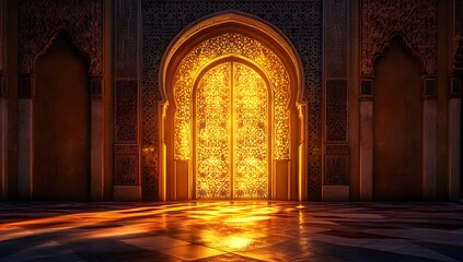 Obraz premium A glowing golden door in the center of an Arabic-style mosque, with light streaming through it. The scene is illuminated by a soft glow that creates a sense of mystery and magic