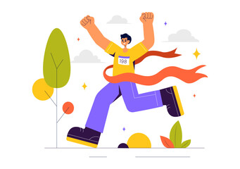 Marathon Race Vector Illustration featuring People Running and Jogging in a Sport Tournament, Racing Toward the Finish Line in a Flat Style Background