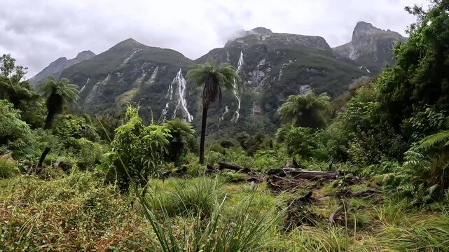 Rainy Day at Sandfly Point: Dramatic Waterfalls Cascading from Lush Cliffs in Fiordland National Park, New Zealand