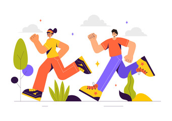 Marathon Race Vector Illustration featuring People Running and Jogging in a Sport Tournament, Racing Toward the Finish Line in a Flat Style Background