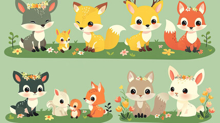 Obraz premium Illustrations of small animals in the forest, including deer, foxes, and rabbits
