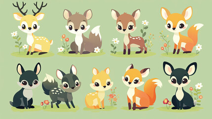 Fototapeta premium Illustrations of small animals in the forest, including deer, foxes, and rabbits