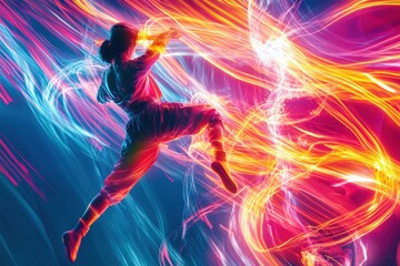 A woman is jumping in the air with a colorful background